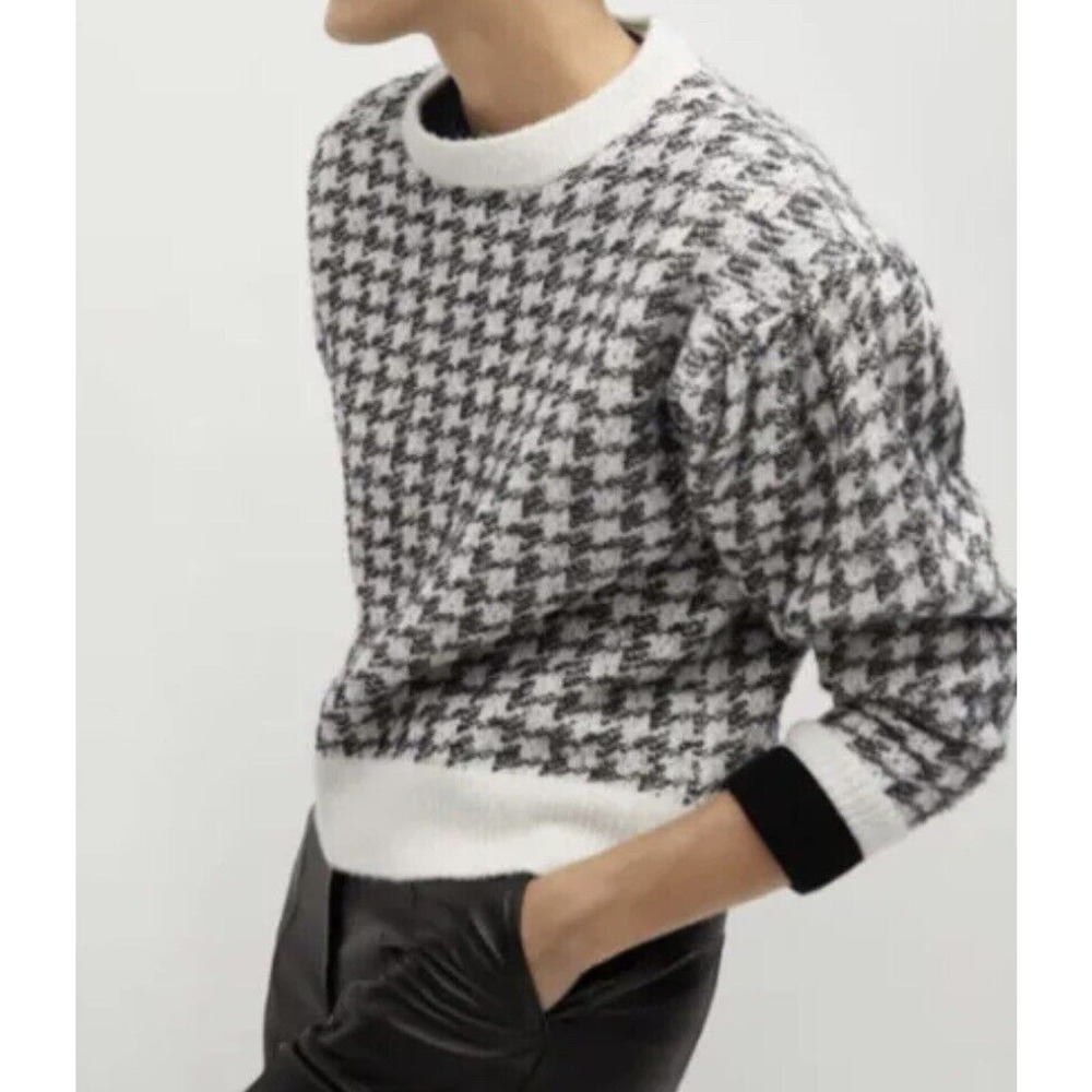 NWOT Mango Houndstooth Wool Sweater Large Metallic Black Boxy Puff Sleeve